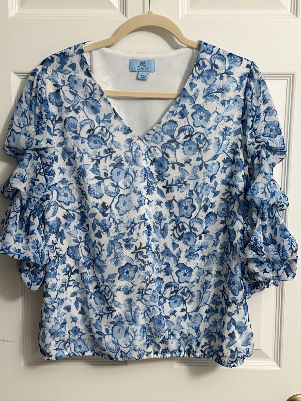 CeCe White and Blue Floral V-Neck Ruffle Sleeve Top